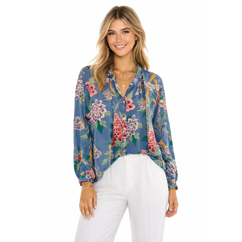 GP & J Baker x H&M Floral Bird Print Lyocell Viscose‎ Blouse Blue Womens 2